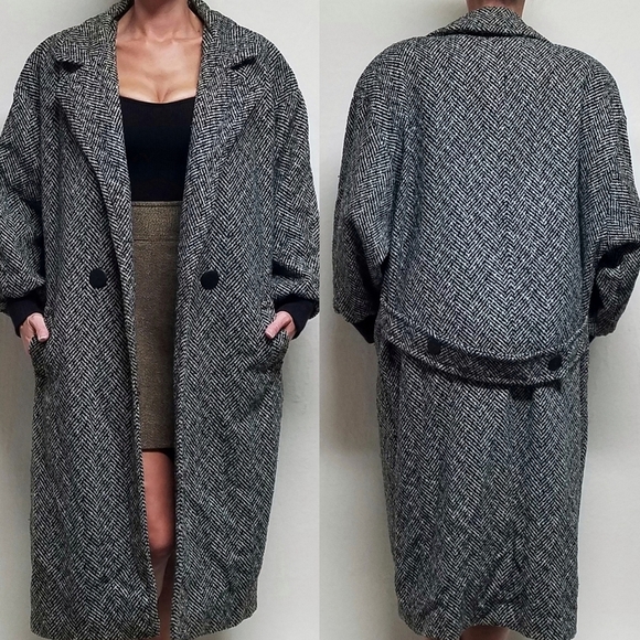 Vintage Jackets & Blazers - 80s Vintage Black Gray Herringbone Wool Balloon Sleeve Longline Trench Coat XL